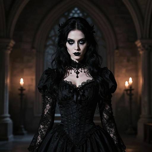 Gothic-style photograph of a pale woman with dark, wavy hair in a black lace dress, standing in a dimly lit, cathedral-like