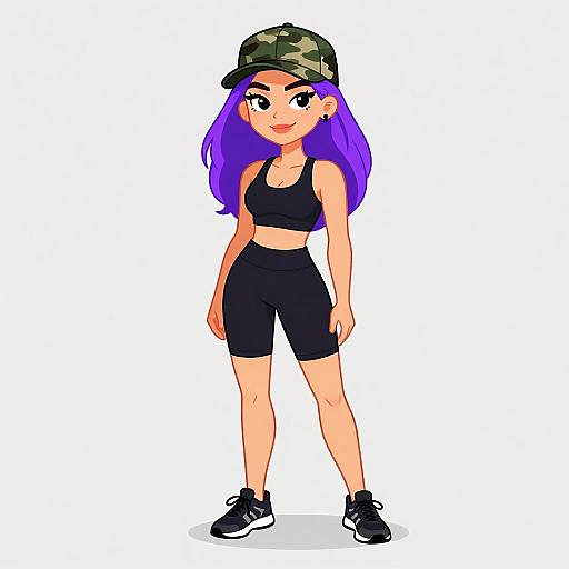 Sporty Woman with Purple Hair and Camouflage Cap