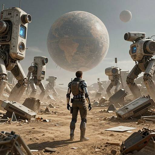 Cinematic Cyborg Journey Through Ruined Worlds