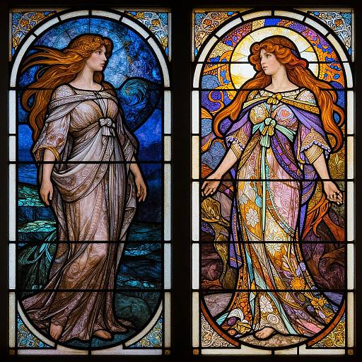 Stained glass artwork of two long-haired, fair-skinned women in flowing robes, one in blue, one in multicolored, with haloed