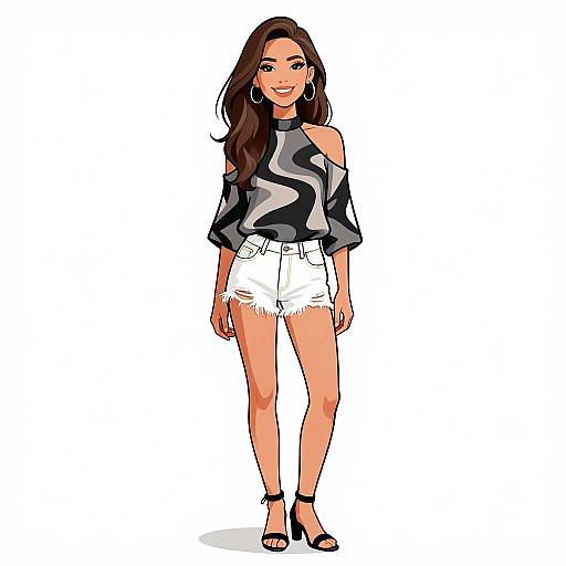 Digital illustration of a smiling woman with long brown hair, wearing a black and gray off-shoulder top, white frayed shorts, black sandals,