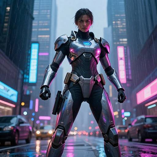CGI image of a fierce, armored woman standing in a neon-lit, rainy city street, glowing blue lights on her chest, surrounded by cars