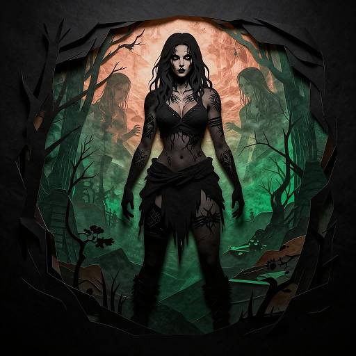 Digital artwork: Dark, tattooed, topless woman with long black hair, wearing tattered loincloth, stands in eerie, shadowy forest