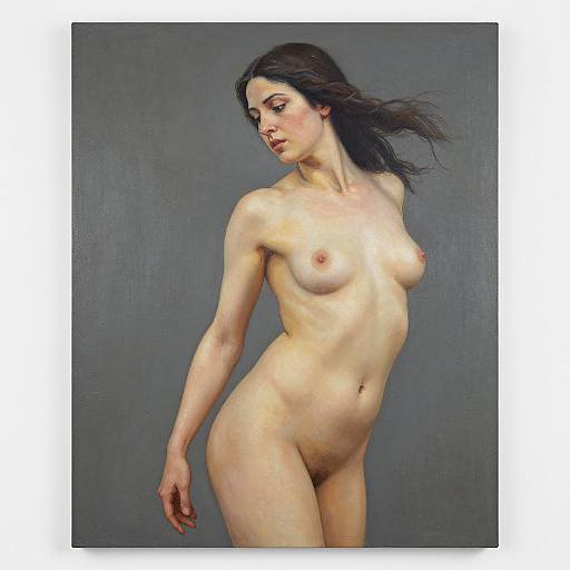 Digital painting of a nude, fair-skinned woman with dark brown hair, small breasts, and slender build, standing against a gray background. She gaz