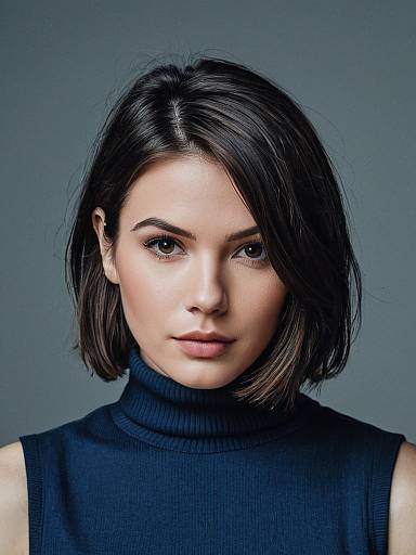 Young Woman with Blue Turtleneck Sleeveless Shirt