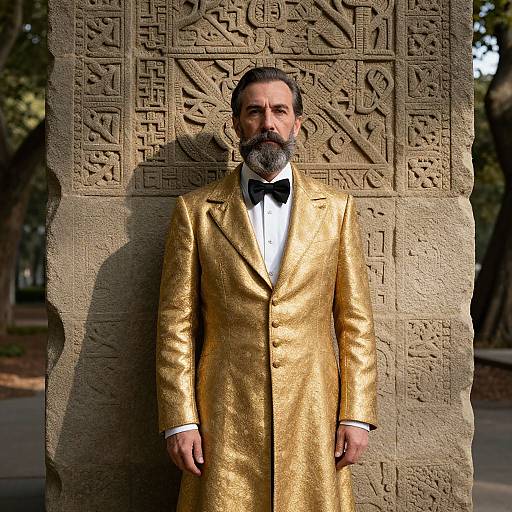 Photograph of a bearded man in a shimmering gold tuxedo, standing against an ancient stone wall with intricate carvings.