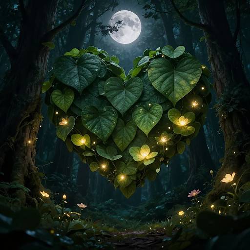 Digital fantasy artwork of a glowing heart made from large green leaves, illuminated by fireflies, under a full moon in a dark, enchanted forest.