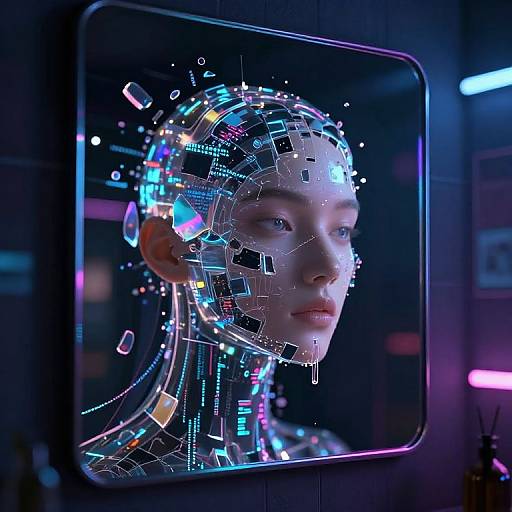 Digital CGI of a futuristic, neon-lit, cybernetic human face with glowing, interconnected circuits and vibrant colors, framed in a dark, modern