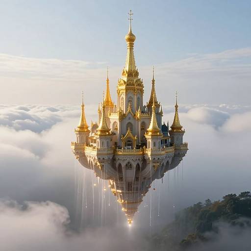 Photograph of a golden, fairy-tale castle with multiple spires floating above a misty mountain landscape, bathed in sunlight.
