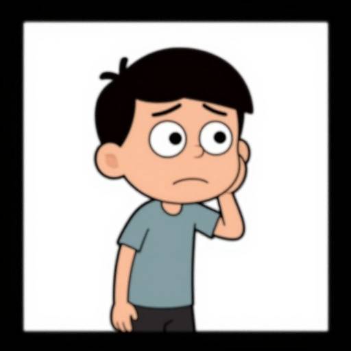 Cartoon-style drawing of a worried boy with black hair, blue shirt, and black pants, resting his cheek on his hand against a white background.