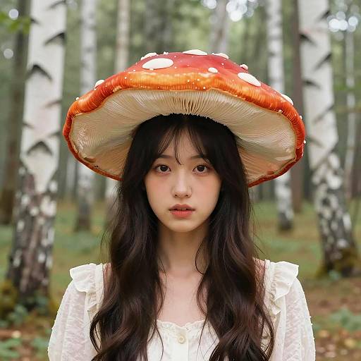 Woman Wearing Mushroom Hat in Birch Forest