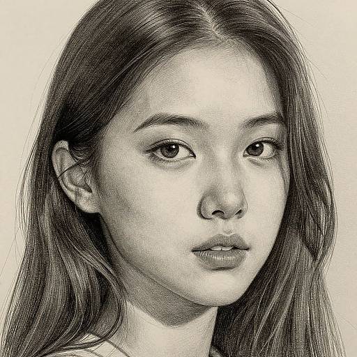 Detailed black-and-white pencil drawing of a young Asian woman with long hair, soft features, and a neutral expression.