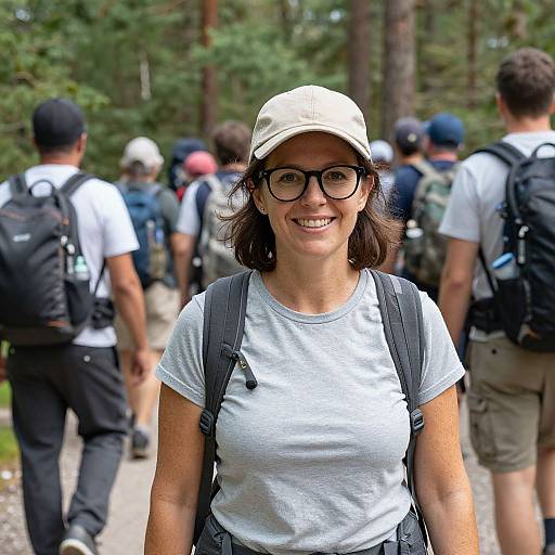 Photograph of smiling woman with glasses, white cap, and gray shirt, backpack, standing in front of a group of hikers in a forest.