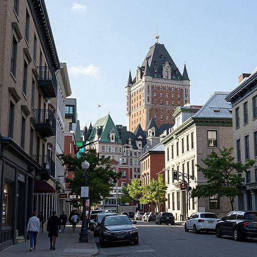 Photograph of a sunny urban street with historic buildings, including a prominent red-brick tower with a dark, pointed roof. Cars and pedestrians are visible