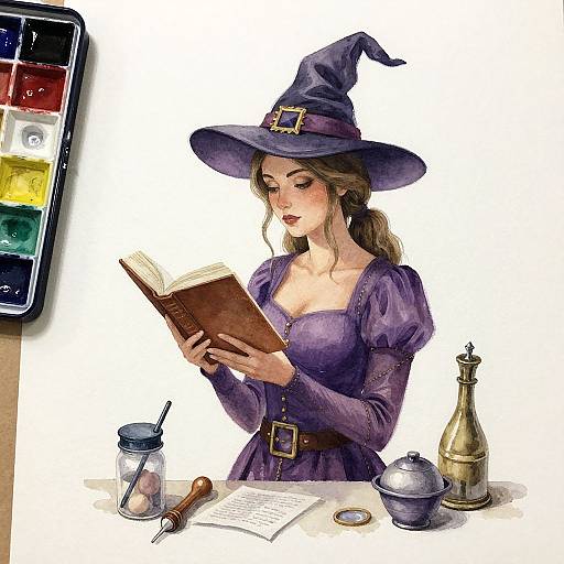 Digital illustration of a brown-haired witch in a purple dress and hat, reading a book at a table with potions, ink, and a quill.