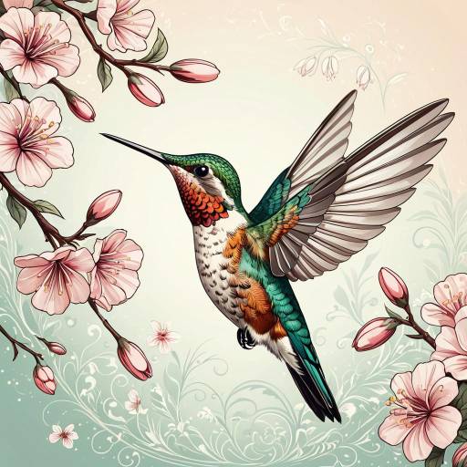 Vector Hummingbird with Blossoms and Filigree Patterns