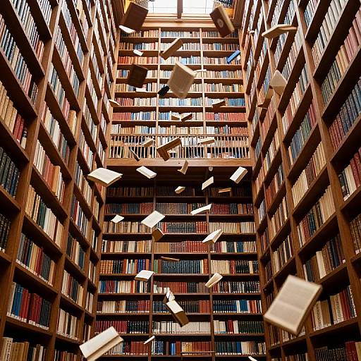 Photograph of a grand library with towering wooden bookshelves filled with books, and numerous floating papers and books in mid-air.