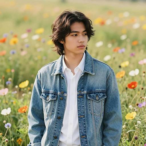 Young Man in Denim Jacket in Wildflower Field