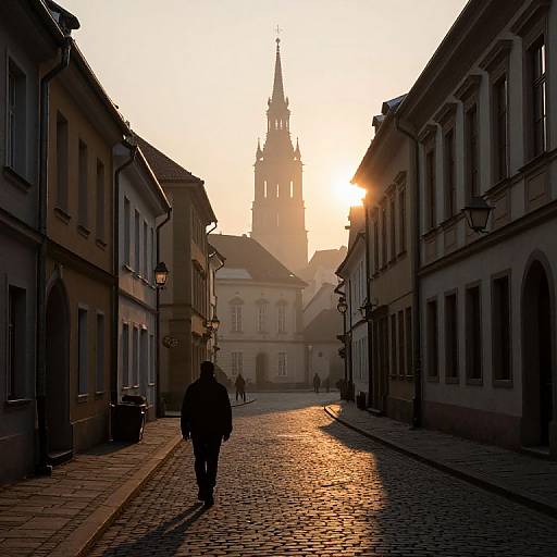 Dawn Silhouettes on Cobblestone Street