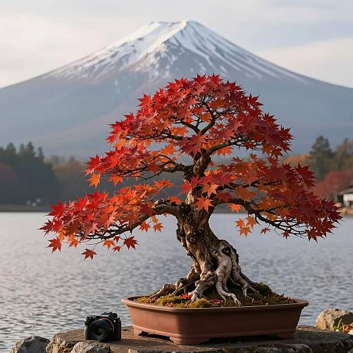 Autumn Bonsai with Snow-Capped Mountain Background