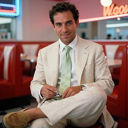 Photograph of a smiling man with dark curly hair, wearing a white pinstripe suit, light green tie, and holding a coffee cup in a