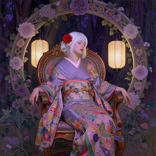Digital painting of a pale-skinned woman with white hair and red flower, wearing a colorful, floral kimono, seated on an ornate chair,