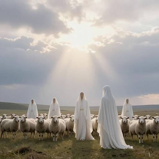 Photograph of seven robed figures in white, standing among a flock of sheep under a bright, sunlit, cloudy sky.