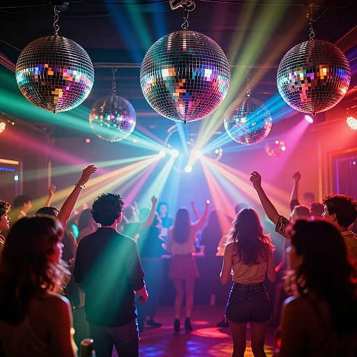 Photograph of a vibrant nightclub scene with people dancing under colorful laser lights and four hanging mirror balls, raising arms in excitement.