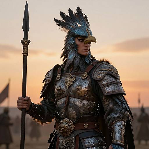 Digital art of a fierce, armored warrior with a bird-like helmet, holding a spear, standing against a sunset backdrop.