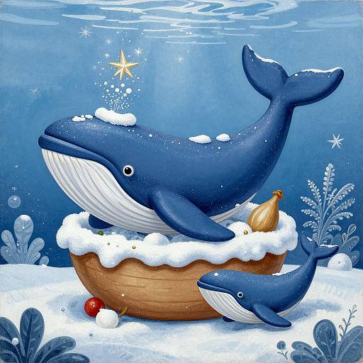 Digital illustration of a blue whale with white belly, swimming in icy water, on a wooden boat filled with snow, surrounded by a smaller blue whale,