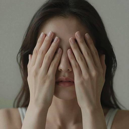 Photograph of an Asian woman with long dark hair, covering her eyes with both hands, wearing a white tank top, against a plain gray background.