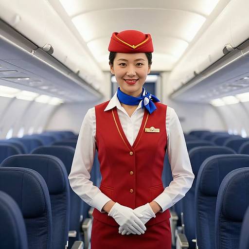Photograph of a smiling Asian female flight attendant in red uniform with white shirt, blue scarf, white gloves, and red hat, standing in the aisle