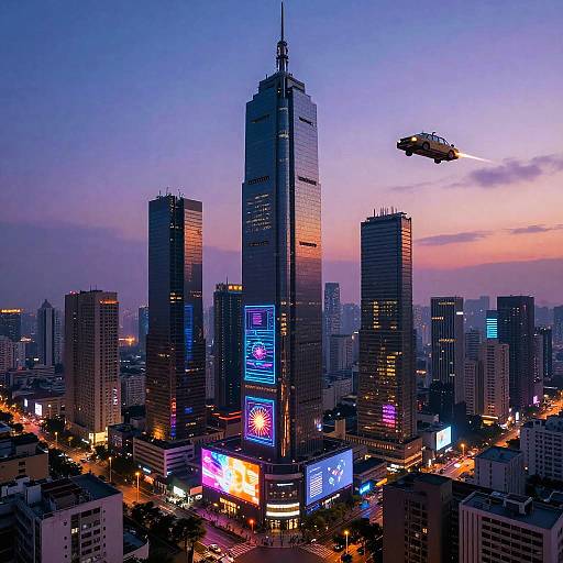 Photograph of a futuristic cityscape at dusk, featuring towering skyscrapers with vibrant neon lights, a flying car, and a pink-orange sunset sky