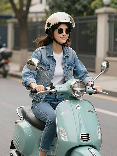 Woman Riding Vintage Teal Scooter in City