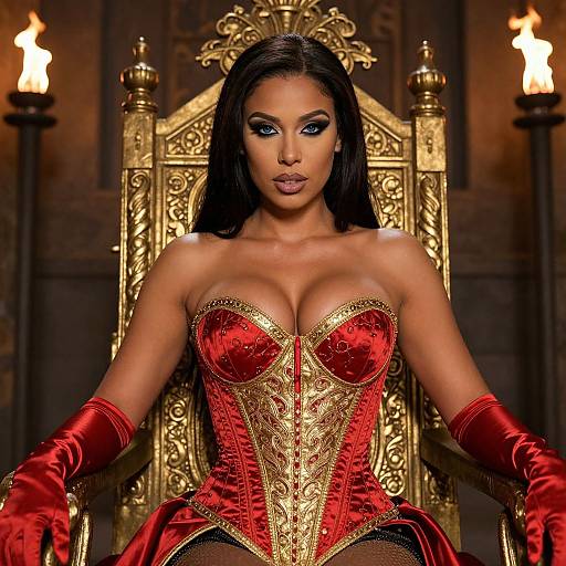 Photograph-style digital art of a dark-skinned woman with long black hair, wearing a red and gold corset, gloves, and sitting on an