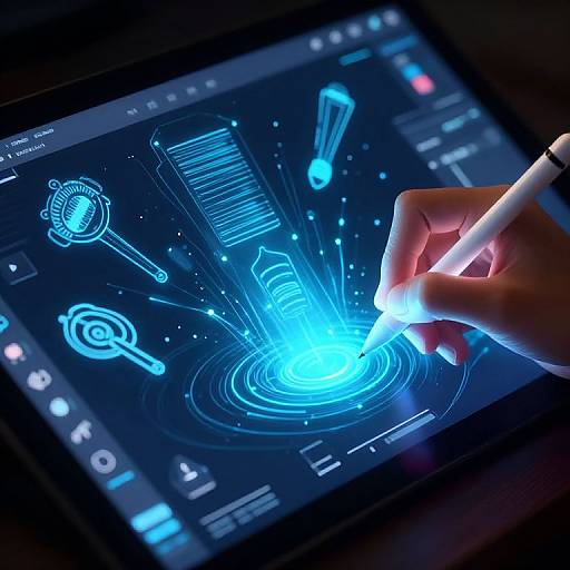 Close-up photograph of a hand drawing a glowing blue holographic interface on a dark tablet screen with neon blue icons.