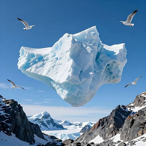 Photograph of a massive, floating iceberg in a clear blue sky, surrounded by seabirds, with snow-covered mountain peaks below.
