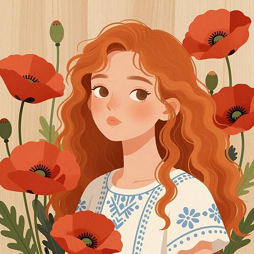 Curly Orange-Haired Girl Among Poppies
