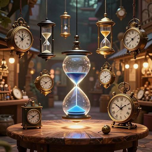 Photograph of vintage clock lanterns with glowing blue hourglass centerpiece, hanging in a warmly lit, rustic, outdoor market at night.