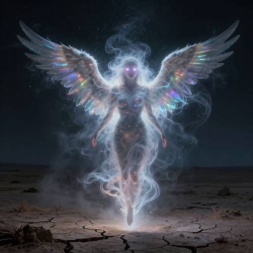 Glowing, ethereal angel with multicolored wings and luminescent body stands in a dark, cracked desert landscape, surrounded by mist.