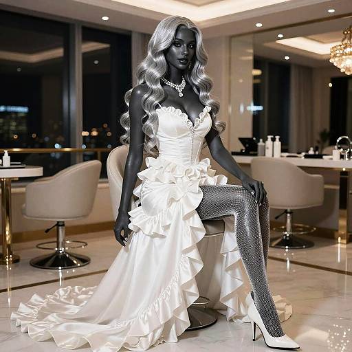 Photograph of a black-skinned, long-haired, statuesque mannequin in a white, ruffled evening gown with fishnet stockings, seated