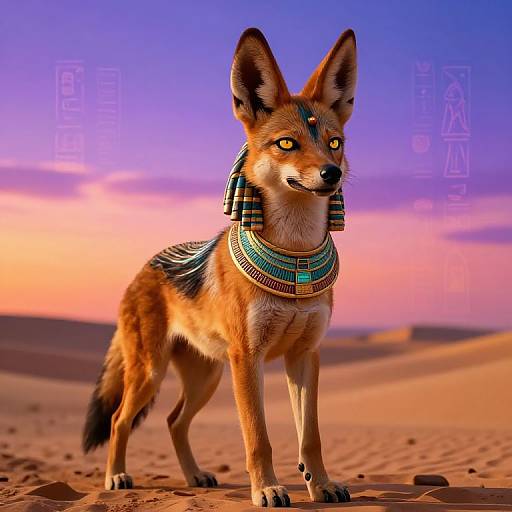 Digital art of a golden jackal with Egyptian-style jewelry, standing in a desert at sunset, featuring vibrant purple, pink, and orange sky.