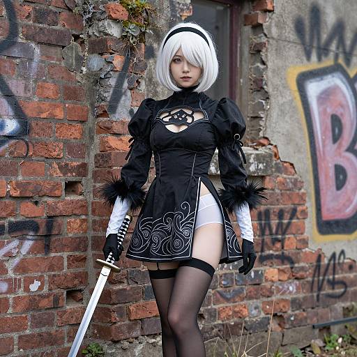 Cosplayer in Black Dress Holding Katana