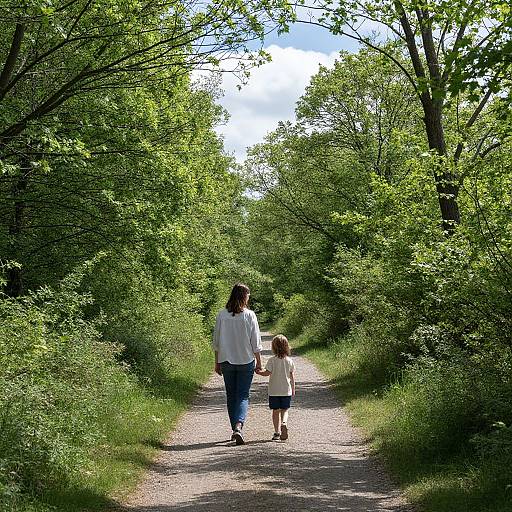 Photograph of a woman in a white blouse and blue jeans, and a young boy in a shirt and shorts, walking hand-in-hand on a sun