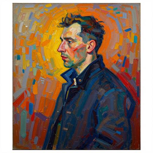 Vivid, expressive oil painting of a pensive man in profile, wearing a dark coat, against a vibrant orange and blue abstract background.