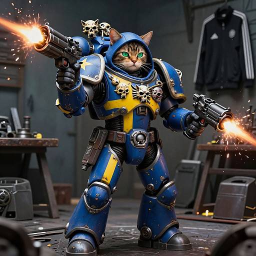CGI image of a green-eyed cat in blue and yellow sci-fi armor, firing dual blasters, with sparks in a dim, industrial workshop.