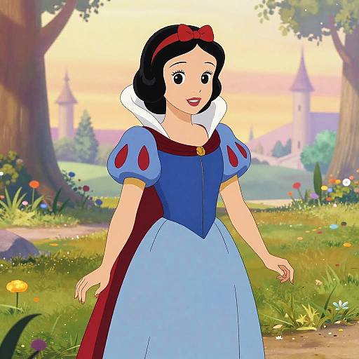 Digital illustration of Snow White in her iconic blue dress, red cape, and white collar, standing in a colorful, sunlit forest with castle towers in