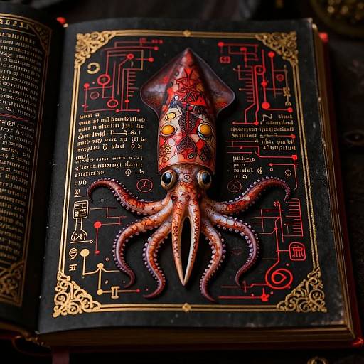 Photograph of a detailed, red and gold octopus with glowing eyes on a black, ornate, circuit-patterned book page.