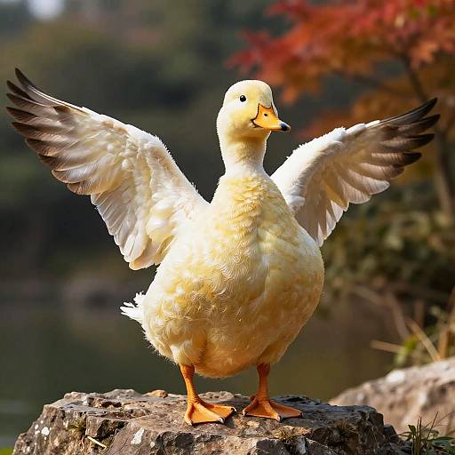 Photograph of a white goose with outstretched wings, standing on a rocky surface, surrounded by blurred autumn foliage and water.