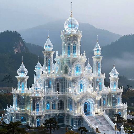 Futuristic Crystalline Castles in Misty Mountains